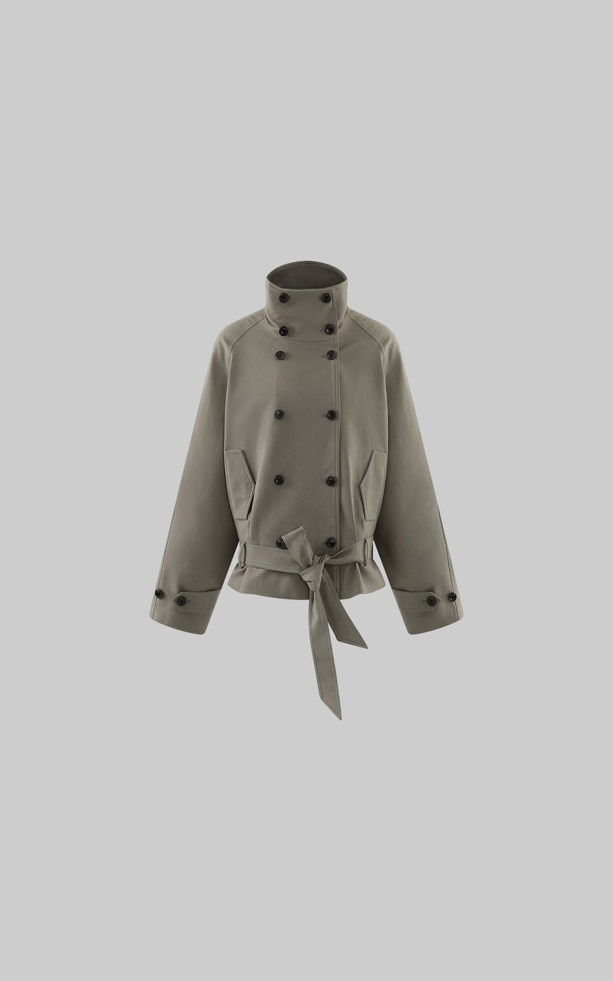 ROVENTE Double-Breasted High Stand Collar Belted Short Trench Jacket