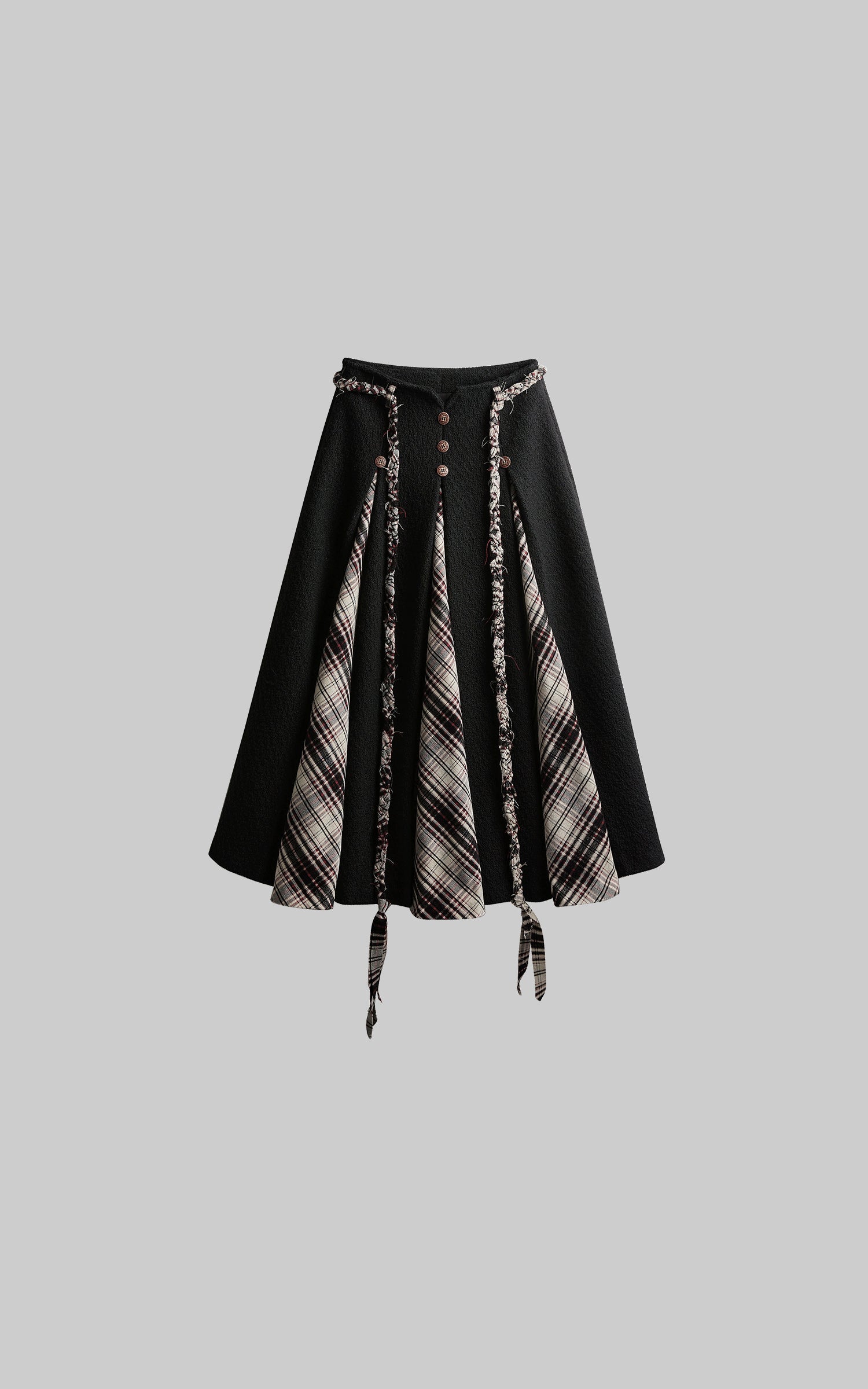 DOINDULGE Panelled Wool Skirt with Braided Trim and Tartan Inserts
