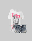 IAMXIAA T-shirt oversize blanc à épaules dénudées avec imprimé graphique
