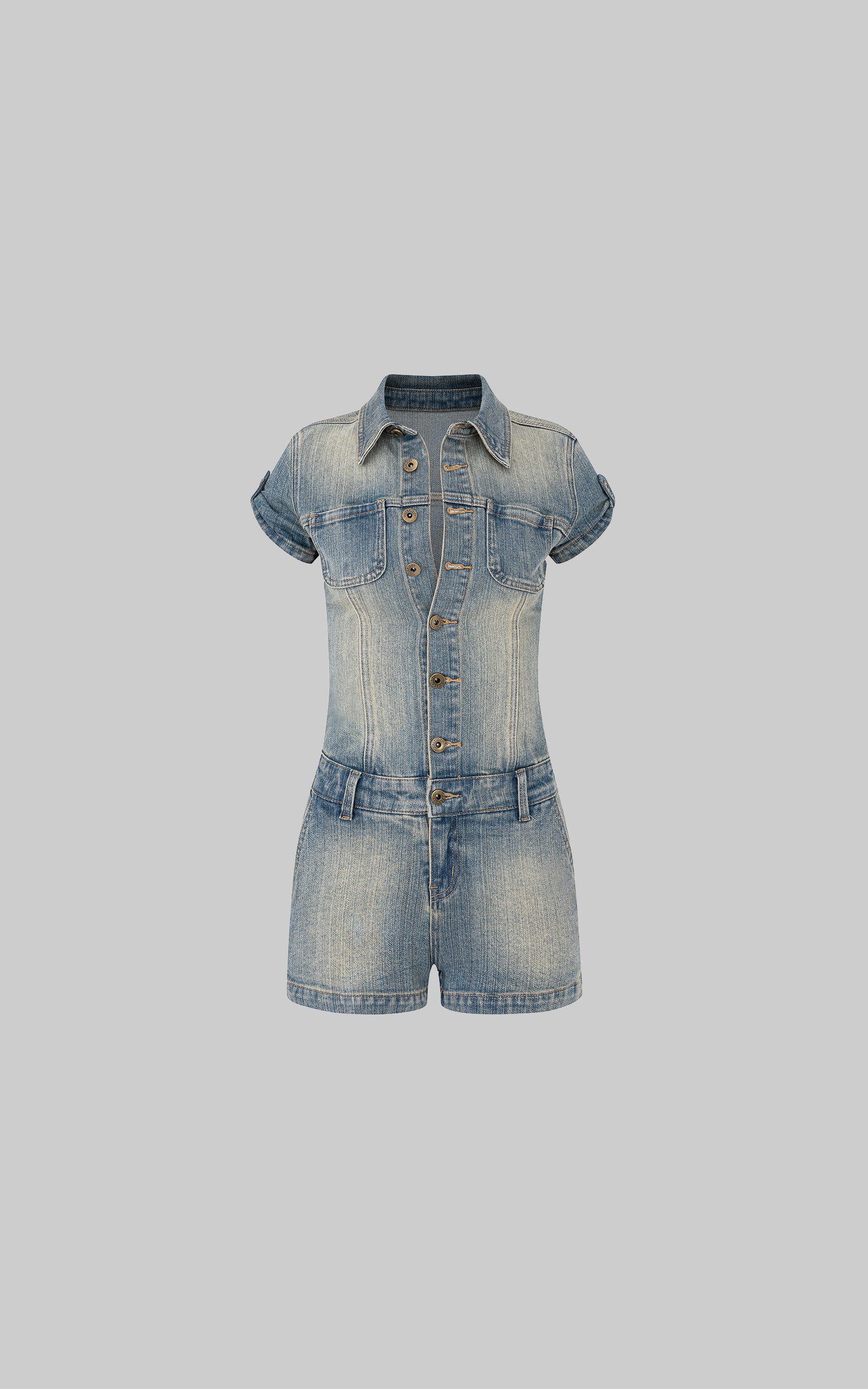 IAMXIAA Vintage Wash Fitted Denim Button-Up Short Sleeve Romper