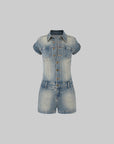 IAMXIAA Vintage Wash Fitted Denim Button-Up Short Sleeve Romper