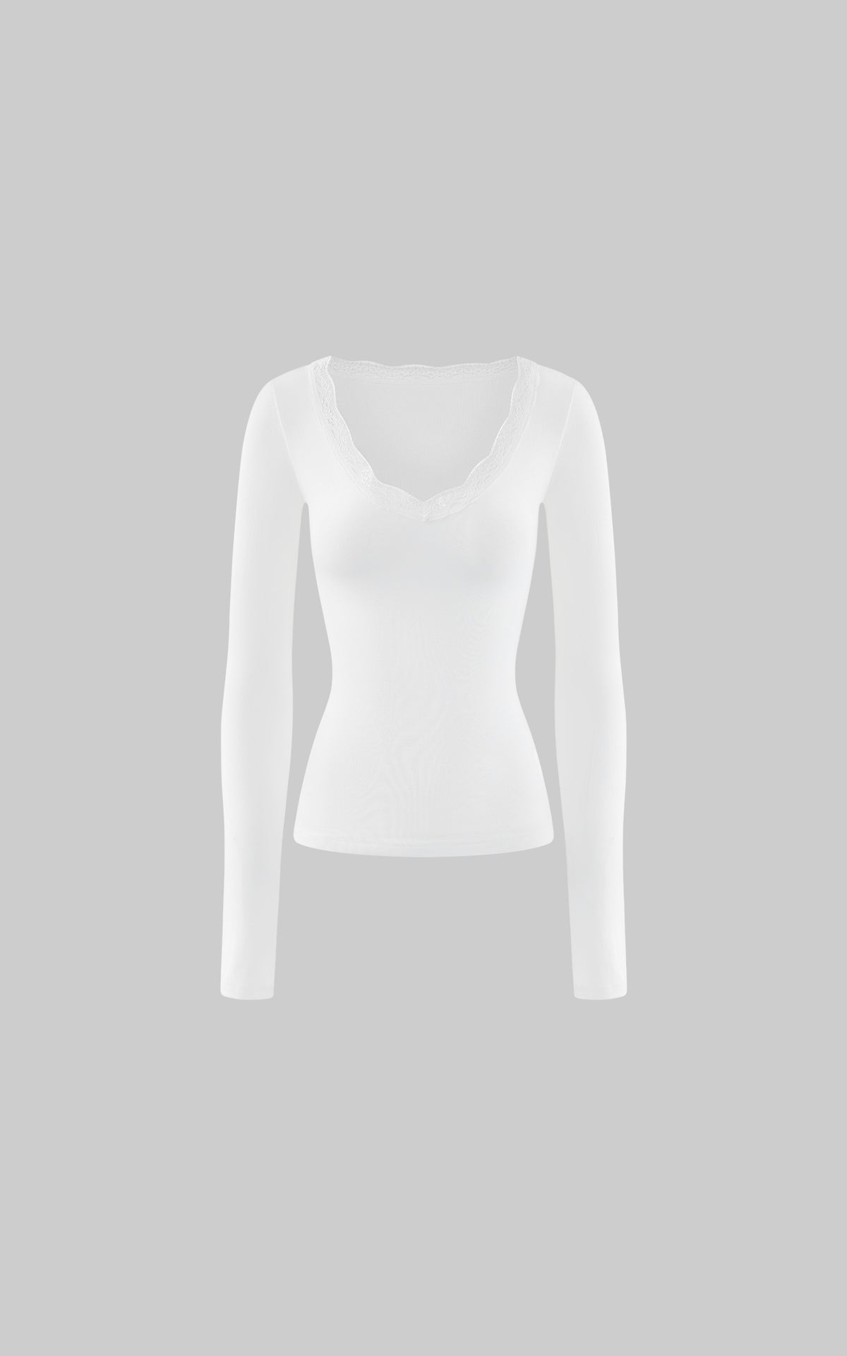 ROVENTE Lace-Trim Deep V-Neck Long-Sleeve Top with Slim Fit &amp; Fine Ribbed Texture