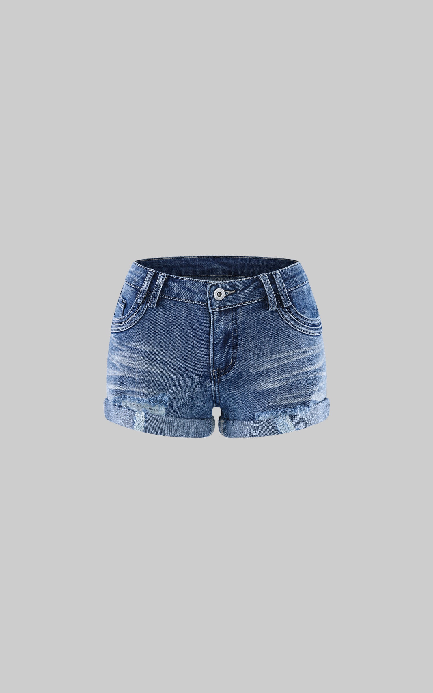 Rase le sol Distressed Denim Mini Shorts with Back Graphic Print and Raw Hem Detail