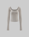Rase le sol Grey Knit Sheer Long Sleeve Top with Minimalist Bra Layered Set