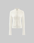 Rase le sol High Neck Cable Knit Cardigan with Sculpted Fit and Cross Zipper Detail