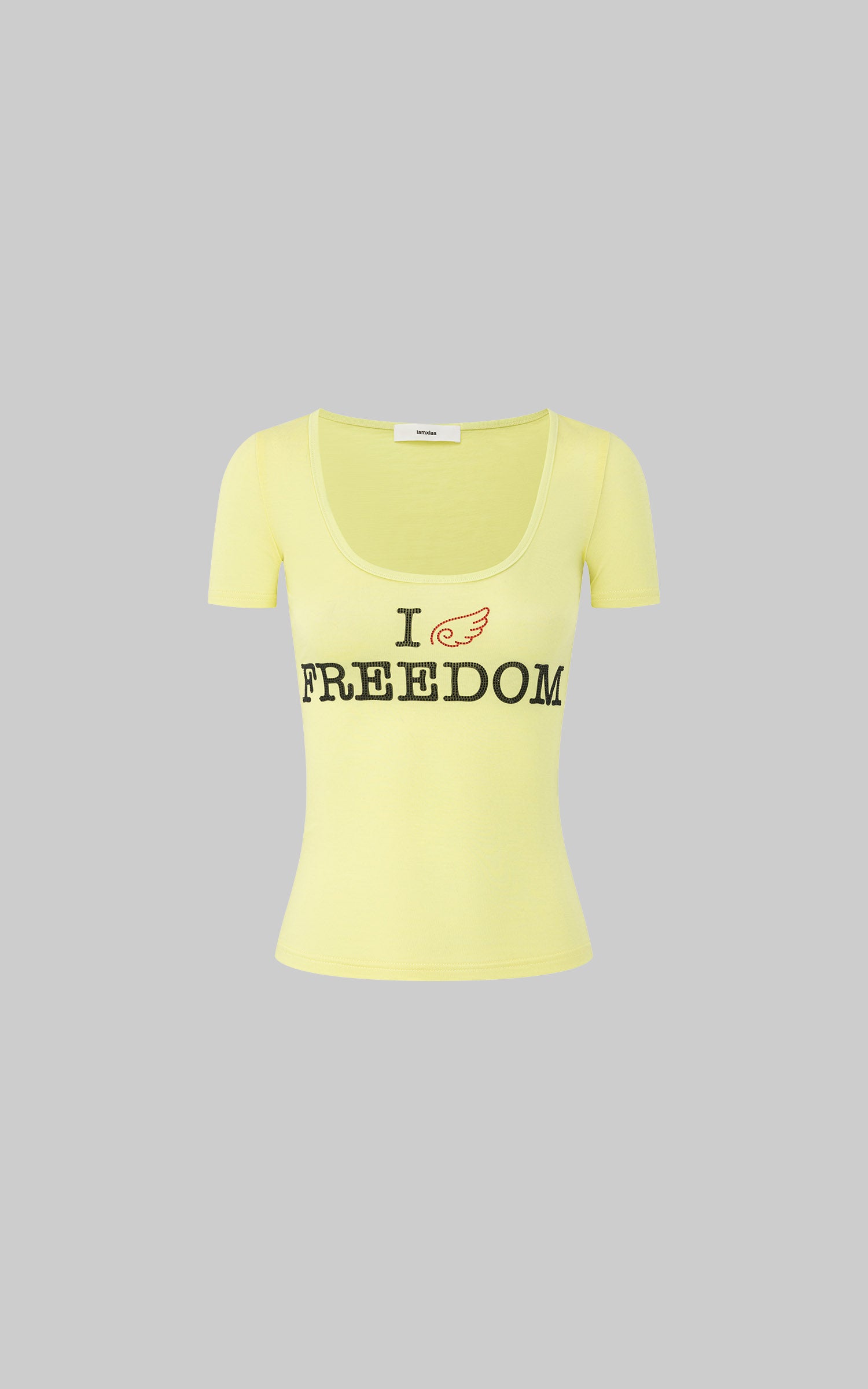 IAMXIAA Freedom Graphic Scoop Neck Fitted Baby Tee with Rhinestone Logo Print