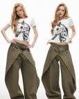 IAMXIAA Layered Waist Button Detail Wide-Leg Barrel Pants