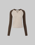IAMXIAA Colorblock Raglan Sleeve Notch Neck Long Sleeve Top