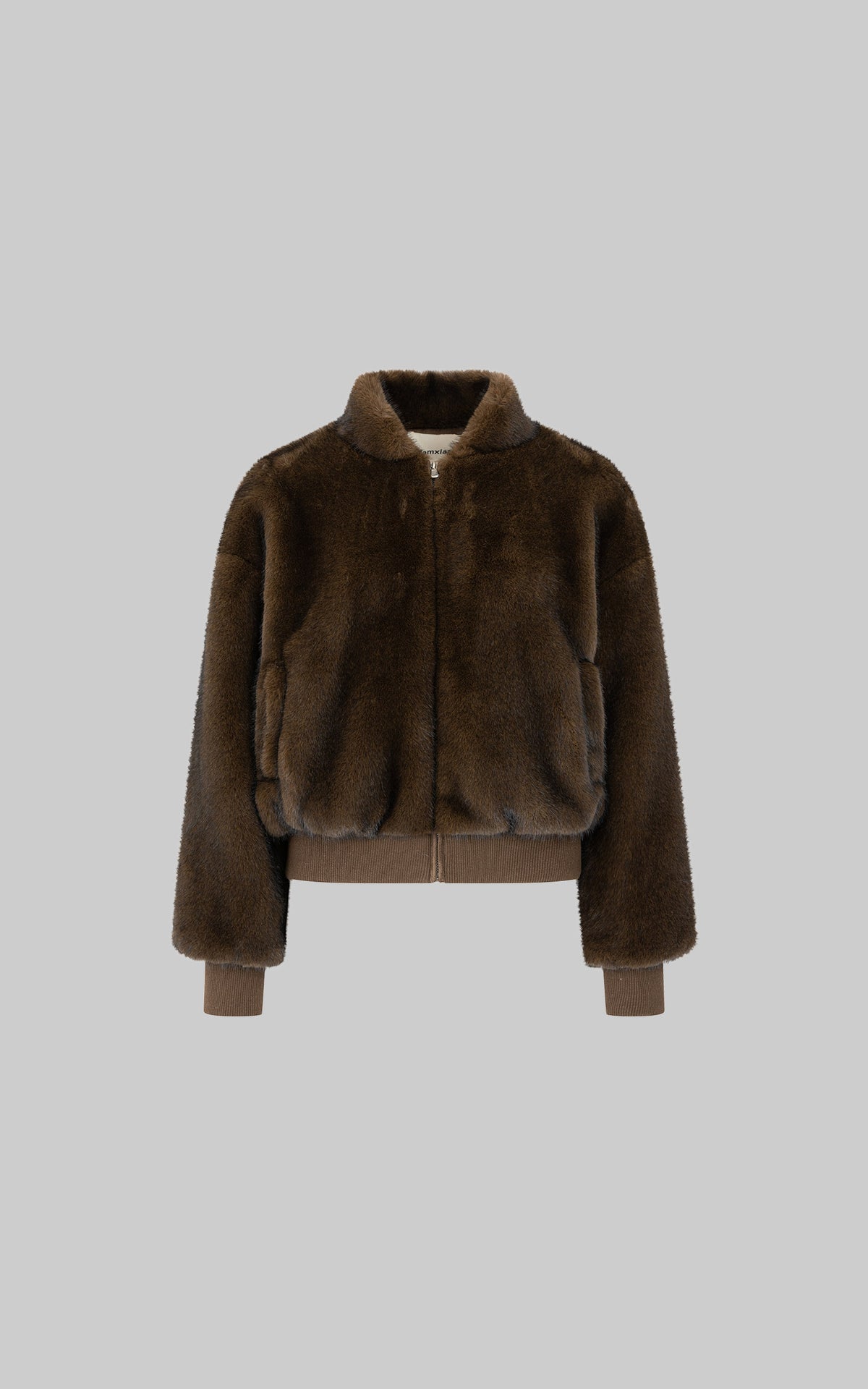 IAMXIAA Chocolate Brown Fur-Effect Cropped Bomber Jacket