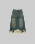WARDEN EDGE Distressed Denim Skirt with Deconstructed Hem and Vintage Washed Edge