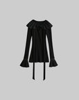 DOINDULGE Pleated Collar Flared Sleeve Ribbed Long Sleeve T-Shirt
