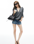 IAMXIAA V Neck Long Sleeve Tee Casual Loose Fit Top