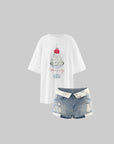 WARDEN EDGE Cherry Sundae Graphic Tee, Ruched Tank Top & Foldover Denim Micro Shorts Set