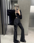 Rase le sol Washed Flare Cargo Pants with Multi Pockets - PINKPARKS