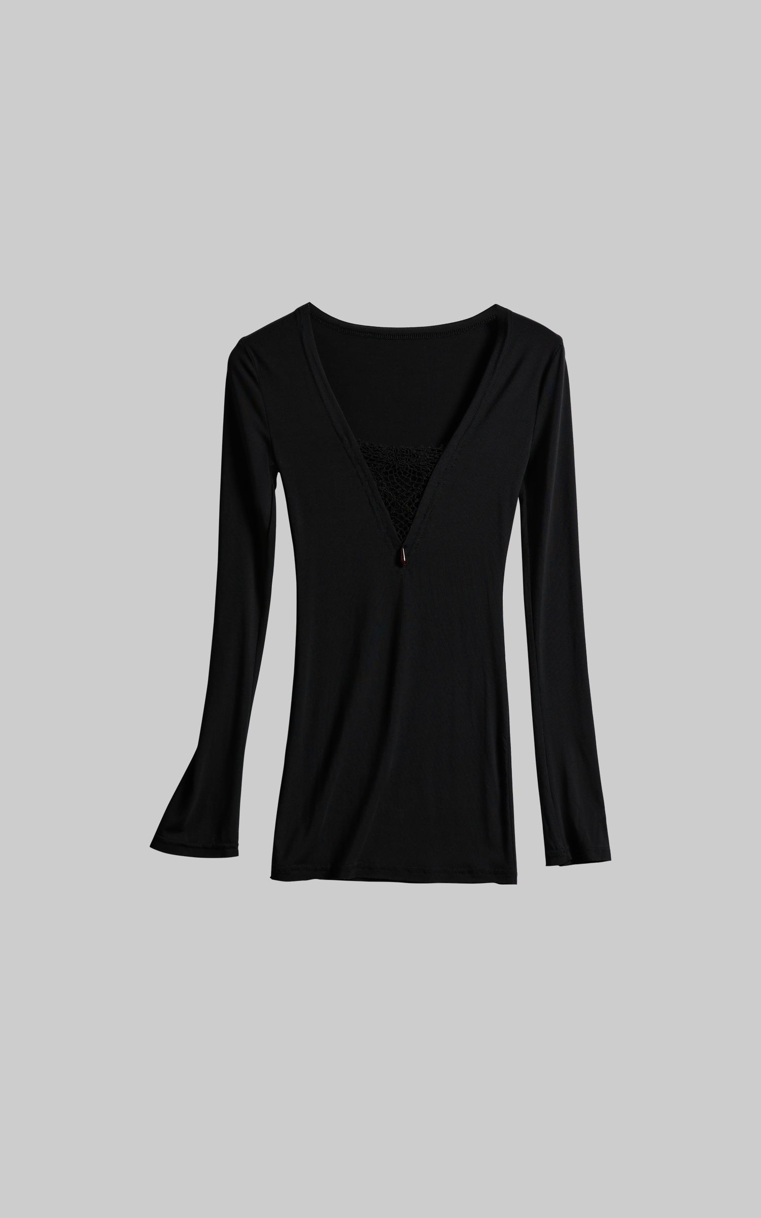 DOINDULGE Deep V Lace Detail Long Sleeve T-Shirt