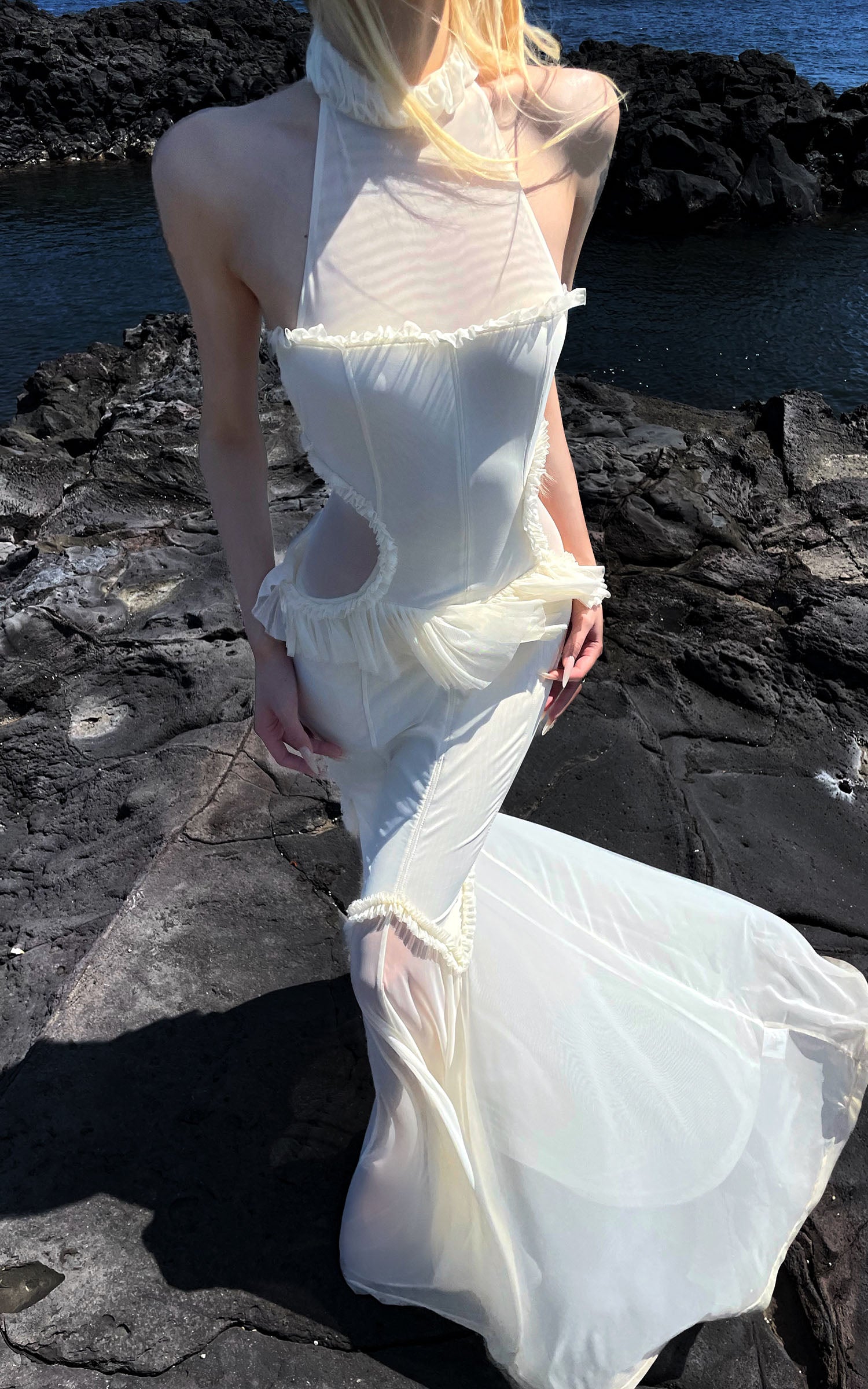 RASE LE SOL Ruffled Open-Waist Mermaid Dress