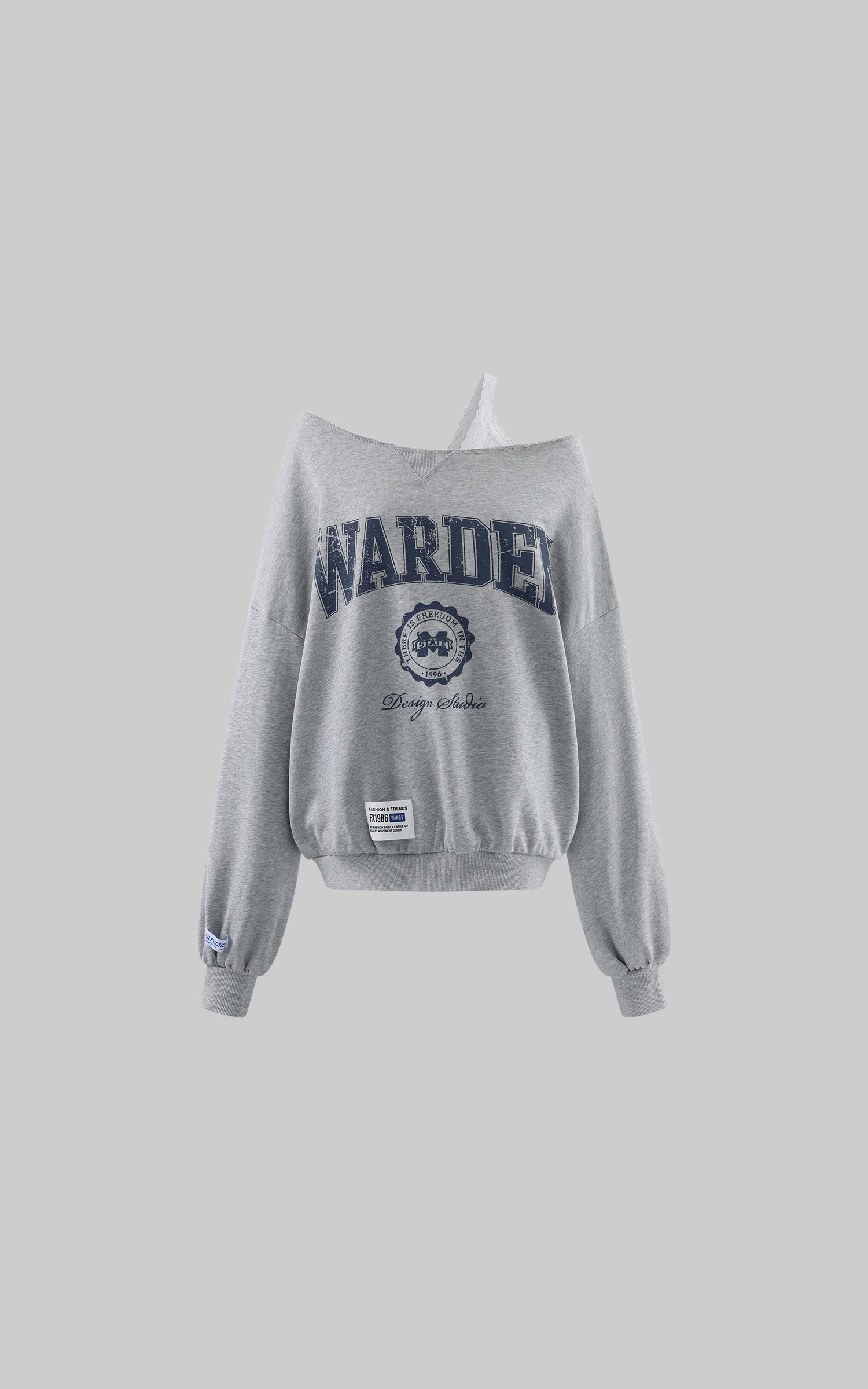 WARDEN EDGE Sweat-shirt surdimensionné graphique universitaire à épaules dénudées déstructuré