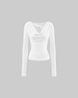 Rase Le Sol Draped Neck Long Sleeve Top With Lace Insets And Mesh Panel