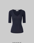 IAMXIAA Classic Wool Stretch V-Neck Slim Fit Half Sleeve Top