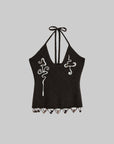 DOINDULGE V-Neck Halter Embroidered Knit Top