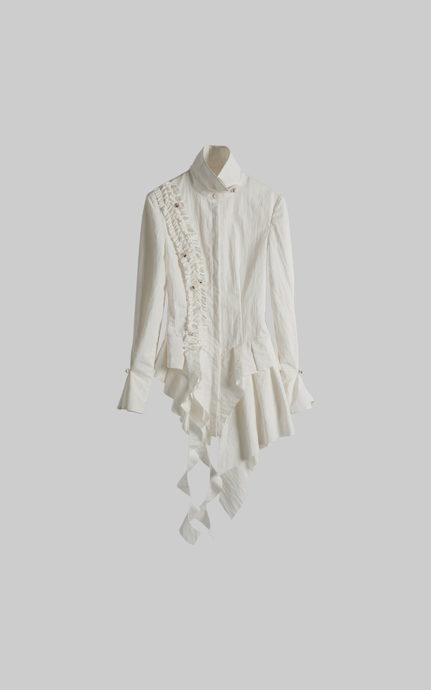 DOINDULGE Asymmetric Ruched High-Neck Shirt with Sculptural Draped Panels