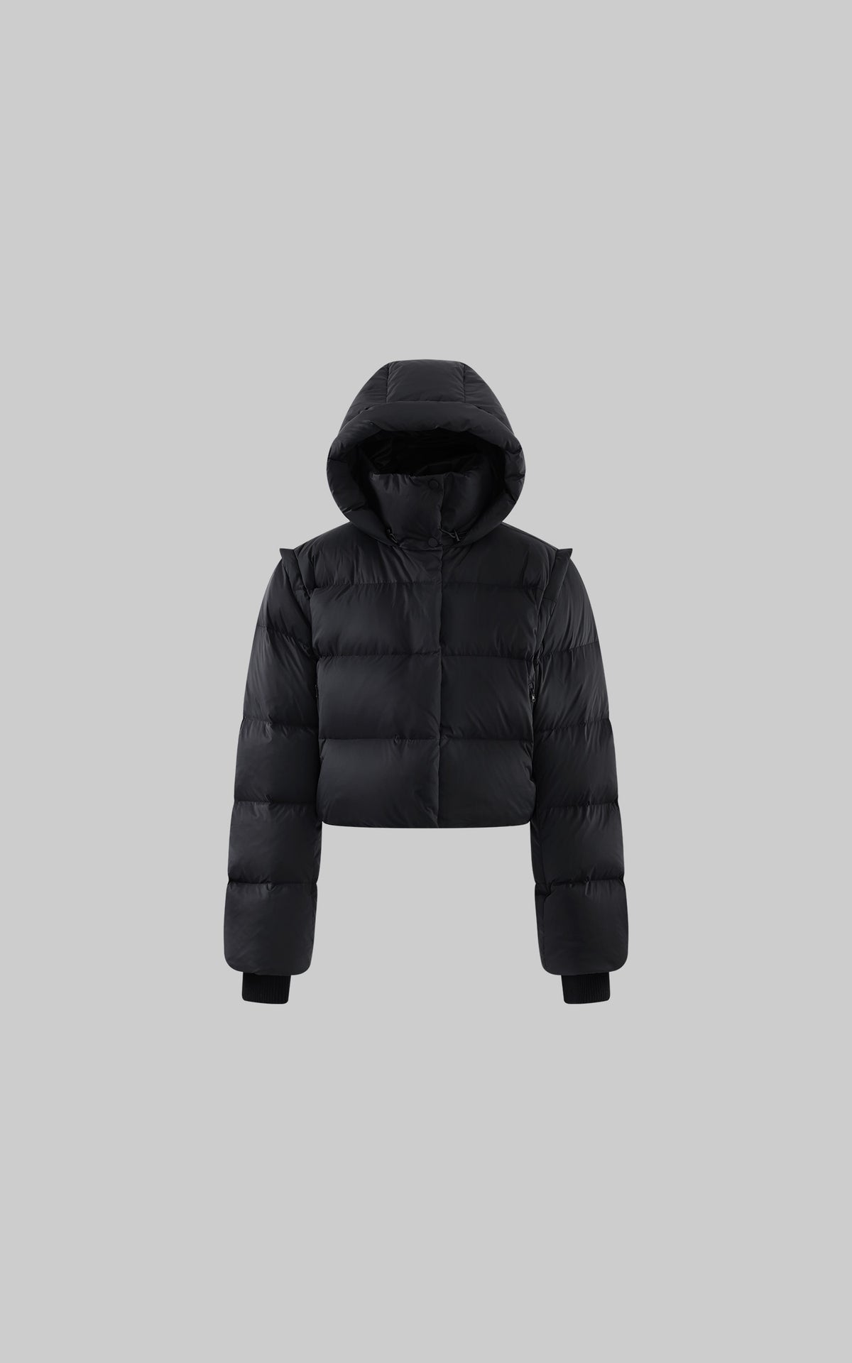 WARDEN EDGE Oversized Hooded Cropped Puffer Jacket with Detachable Sleeves and High Neck