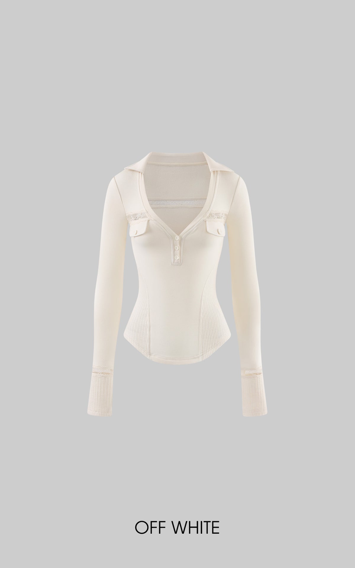 Rase le sol Lace-Trimmed Deep V-Neck Fitted Long Sleeve Top