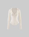Rase le sol Lace-Trimmed Deep V-Neck Fitted Long Sleeve Top
