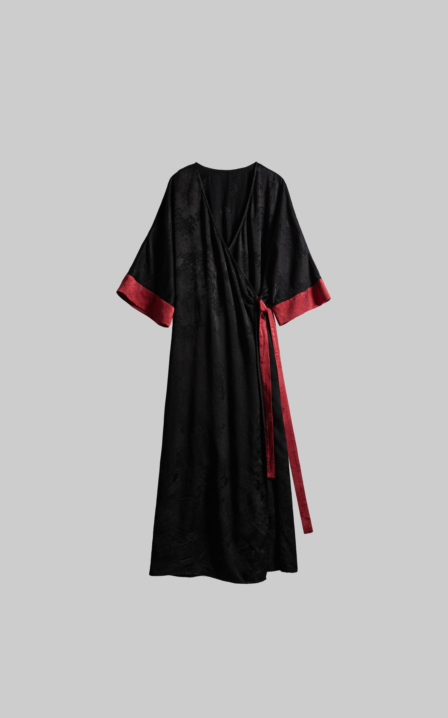 DOINDULGE Kimono Sleeve Wrap Coat with Red Contrast Cuffs and Long Tie