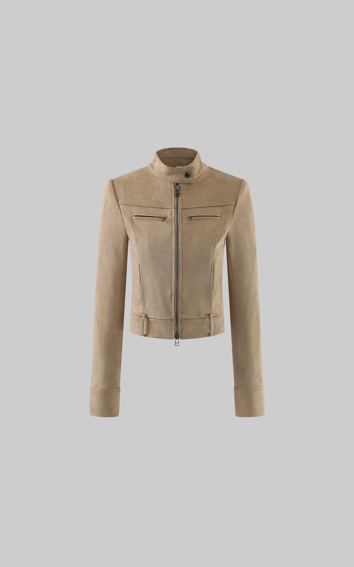 Hydrae Veste motard courte en daim sable avec panneaux sculptés et détails zippés en métal