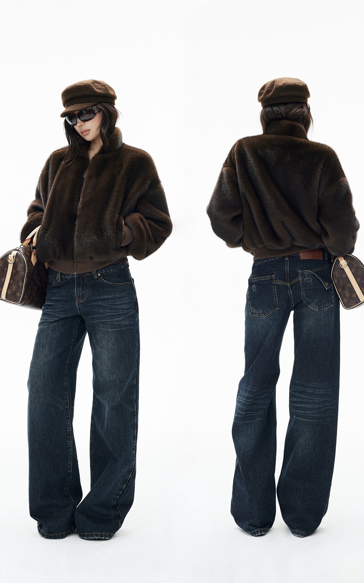 IAMXIAA Chocolate Brown Fur-Effect Cropped Bomber Jacket