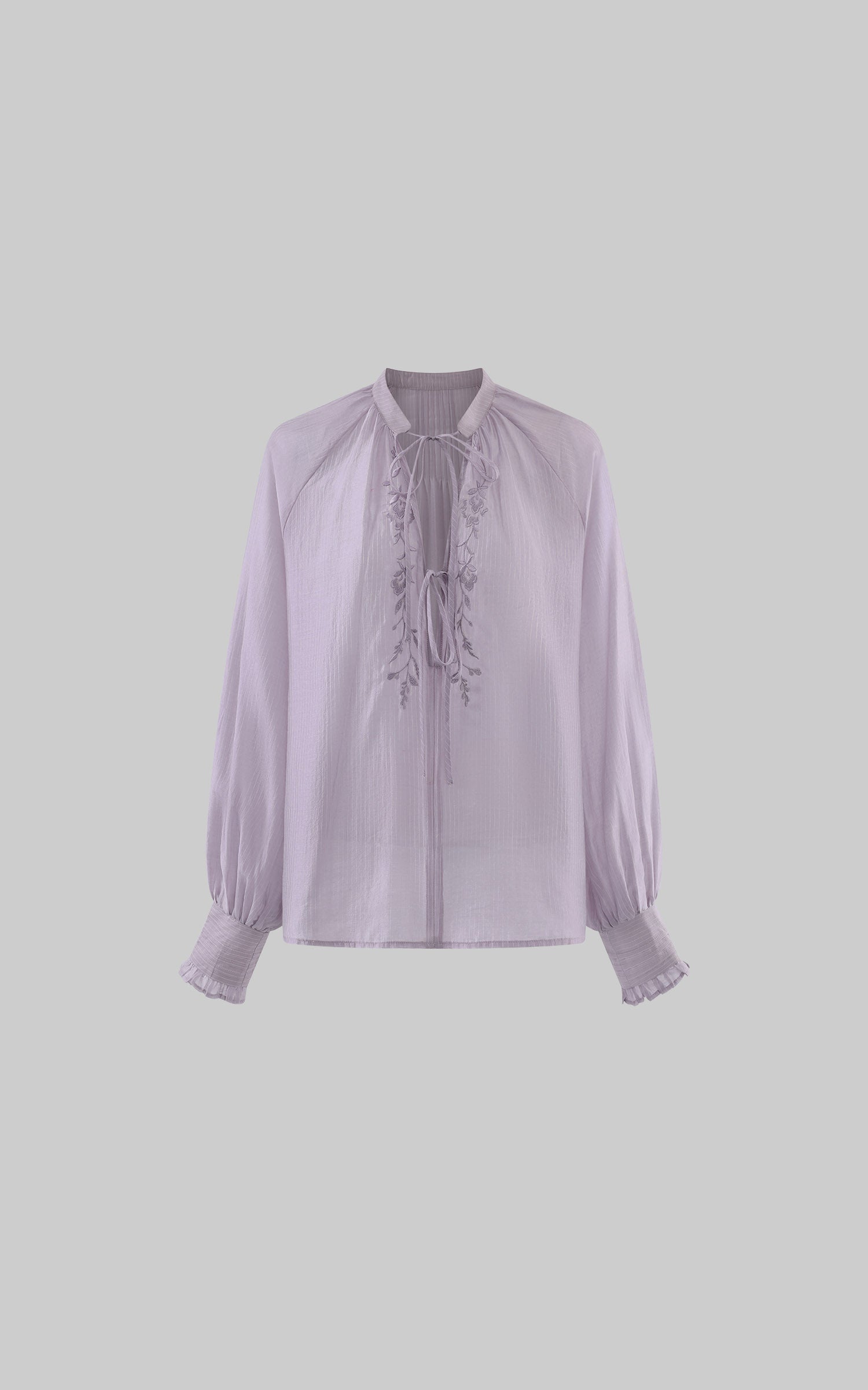 Hydrae Sheer Embroidered Tie-Front Blouse with Voluminous Sleeves