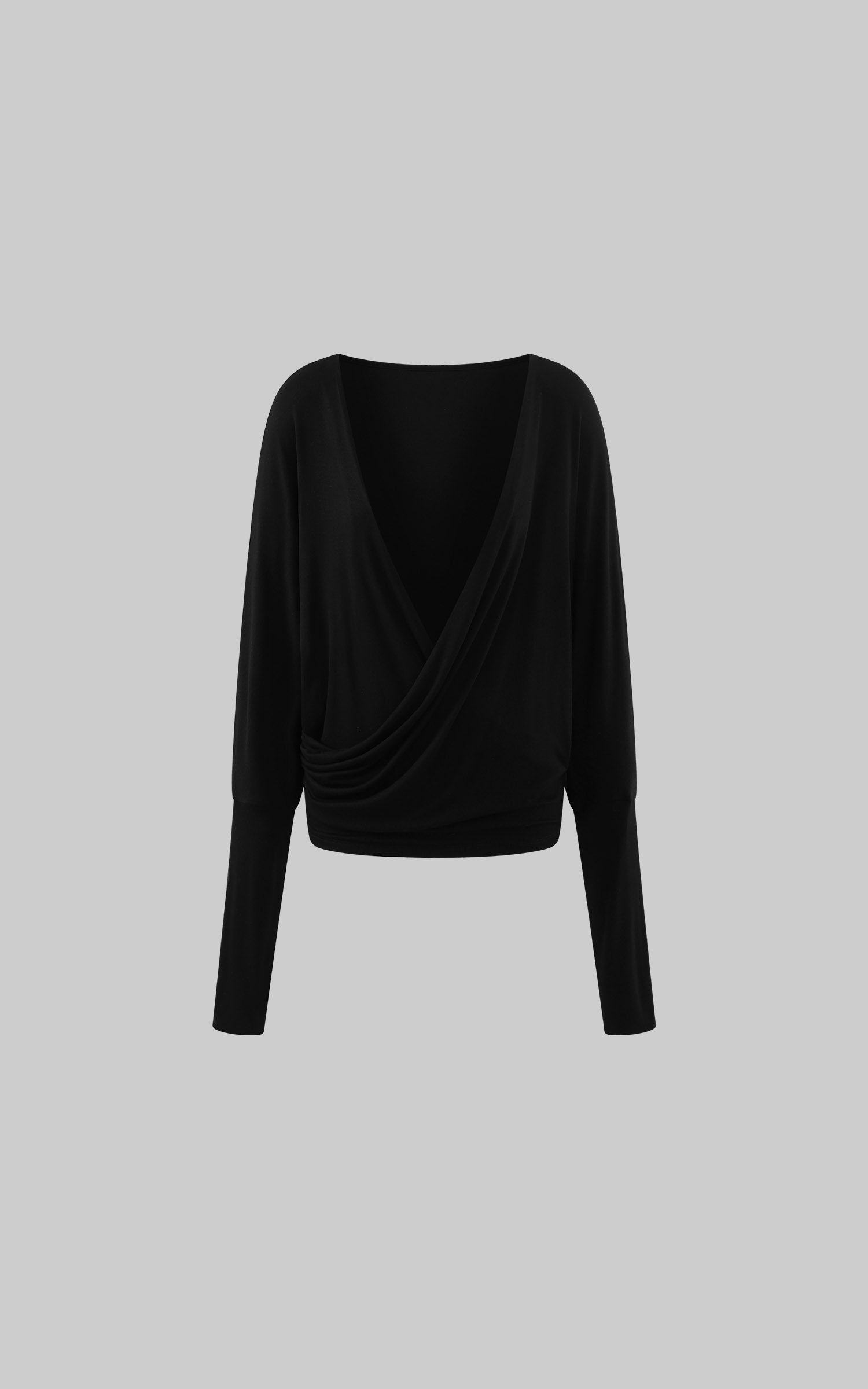 ROVENTE Deep V Draped Asymmetric Long Sleeve Ruched Wrap Top