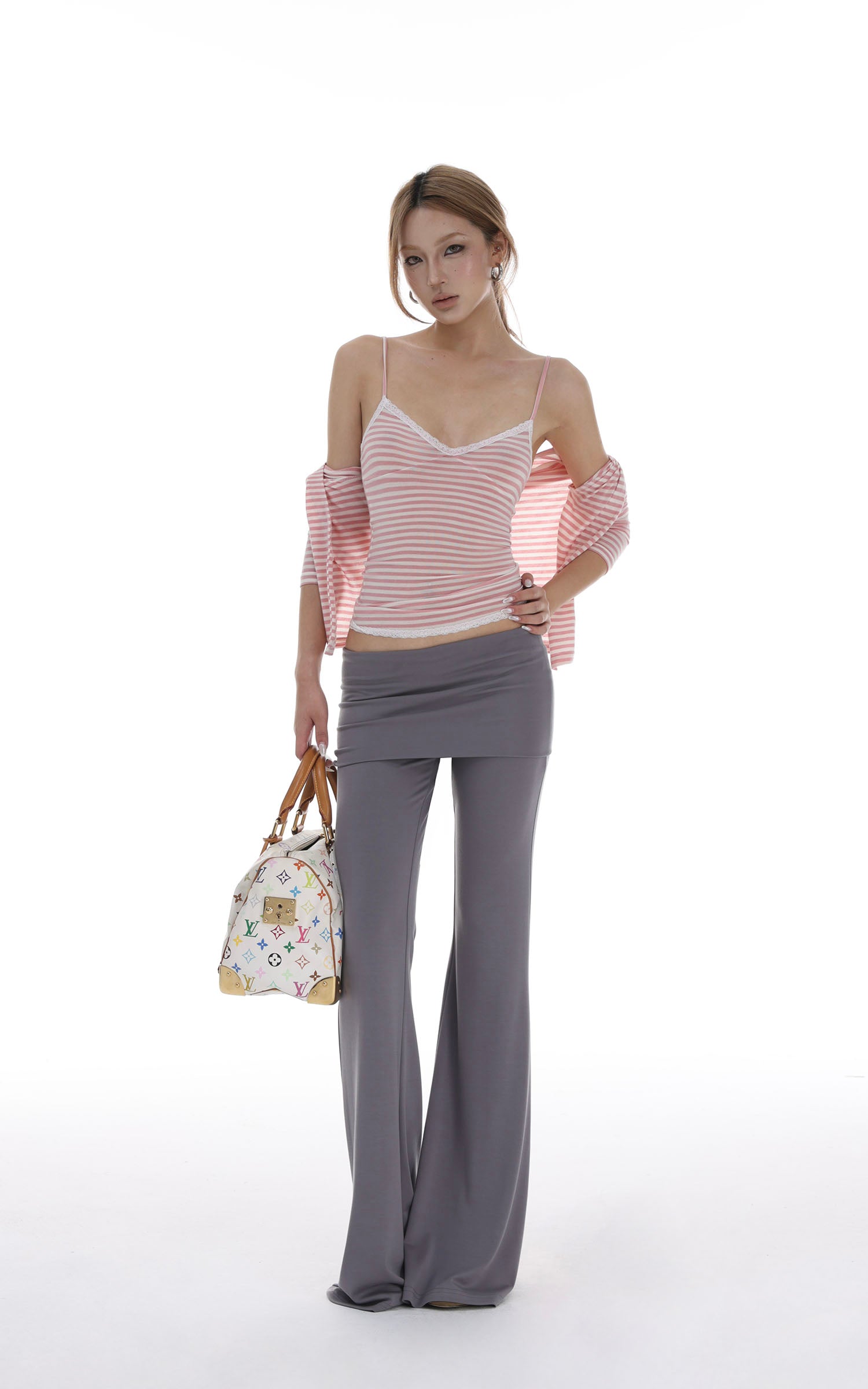 IAMXIAA Striped Cami and Cardigan Set with Lace Trim