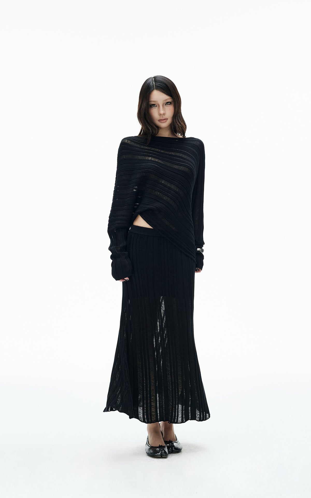 IAMXIAA Asymmetric Off-Shoulder Sheer Knit Top &amp; Maxi Skirt Set