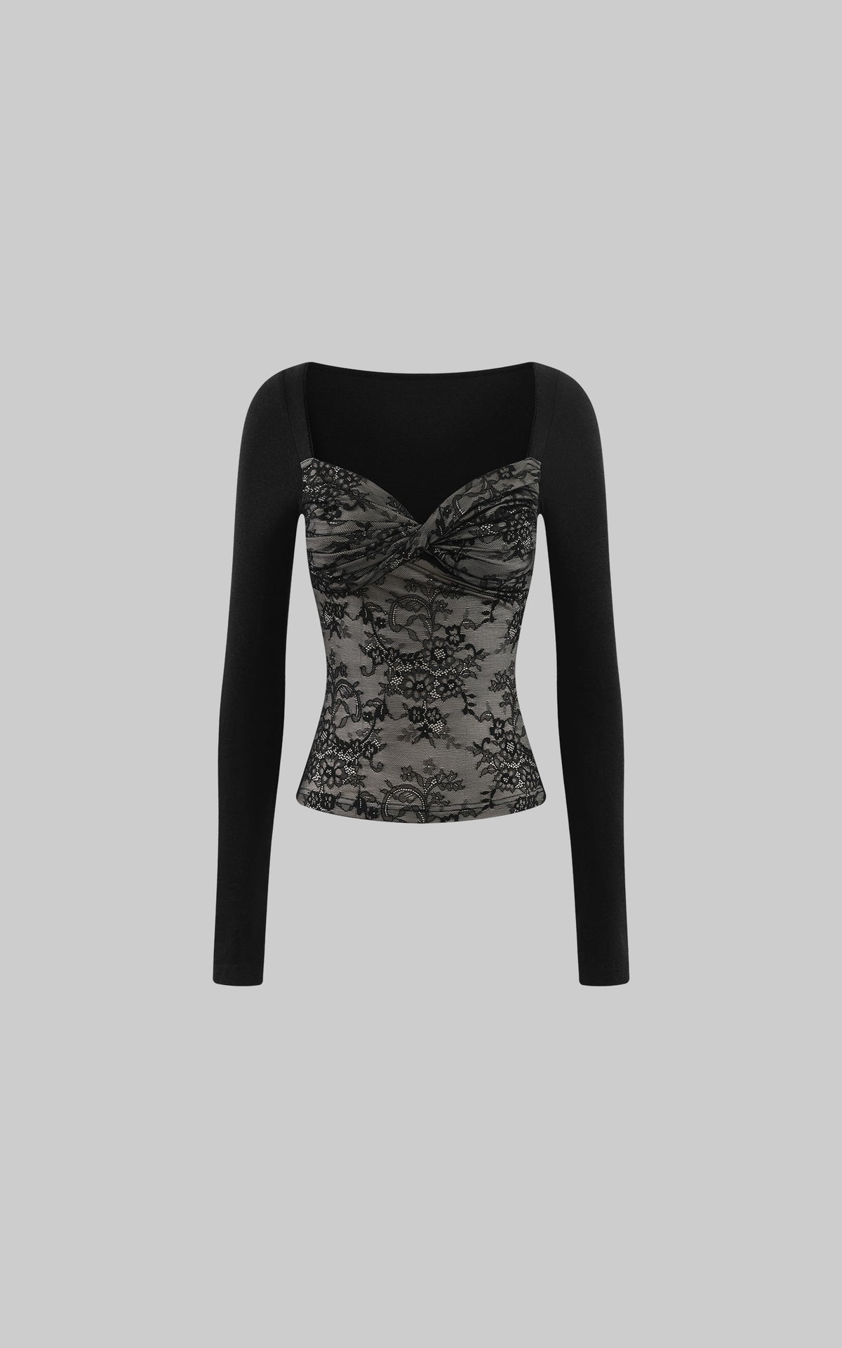 Hydrae Lace Contrast Ruched Bust Long Sleeve Top With Sheer Floral Texture
