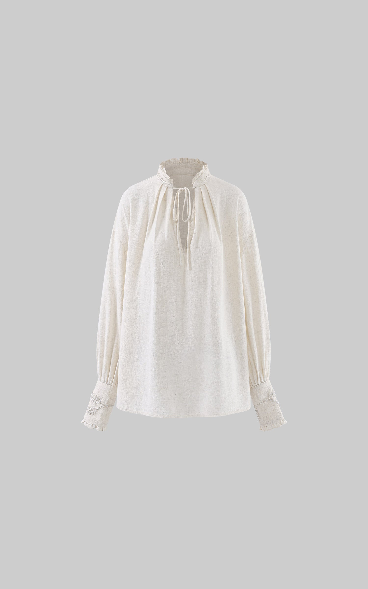 Hydrae Embellished Ruffle-Neck Tie-Front Blouson-Sleeve Top
