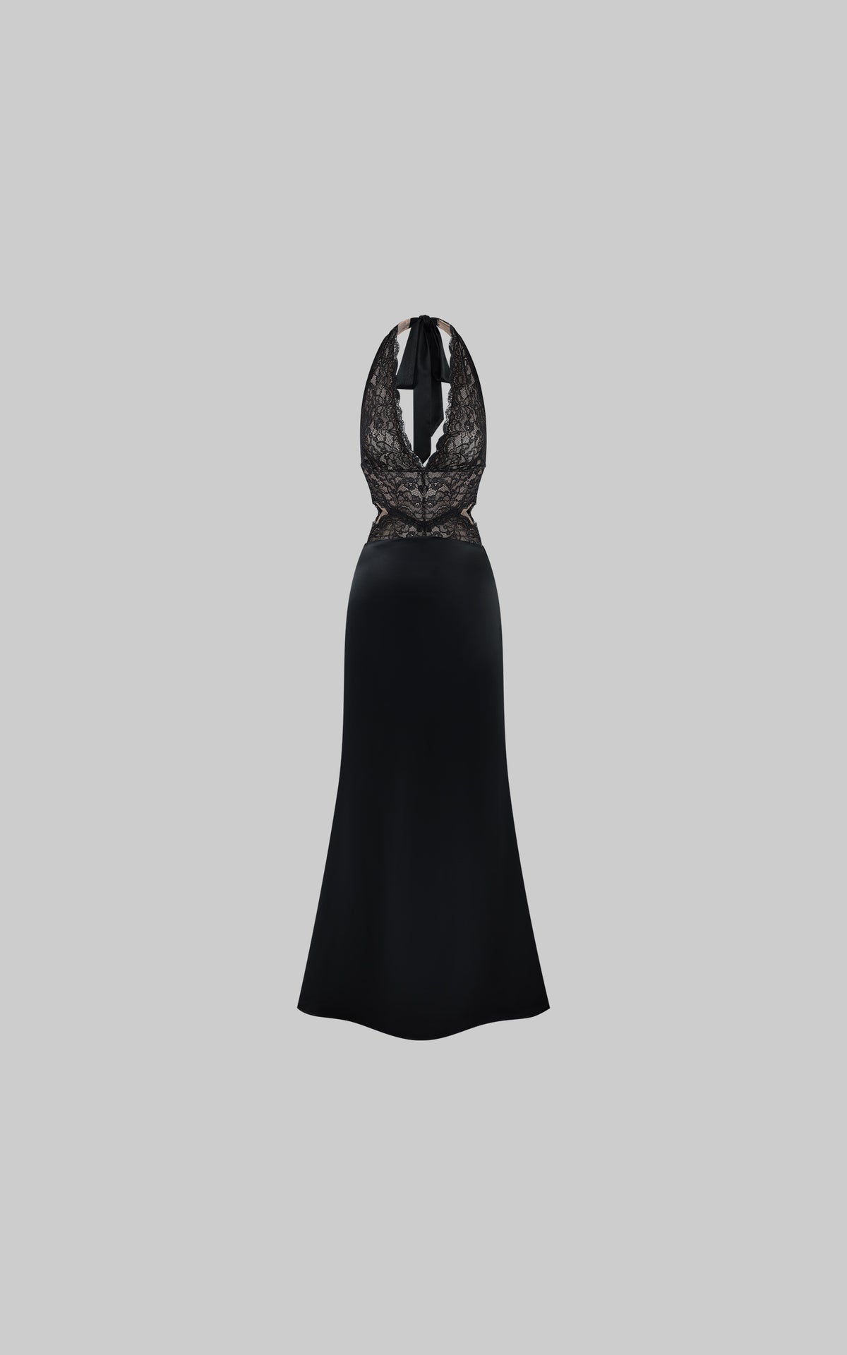 ROVENTE Robe longue en satin à col licou en dentelle