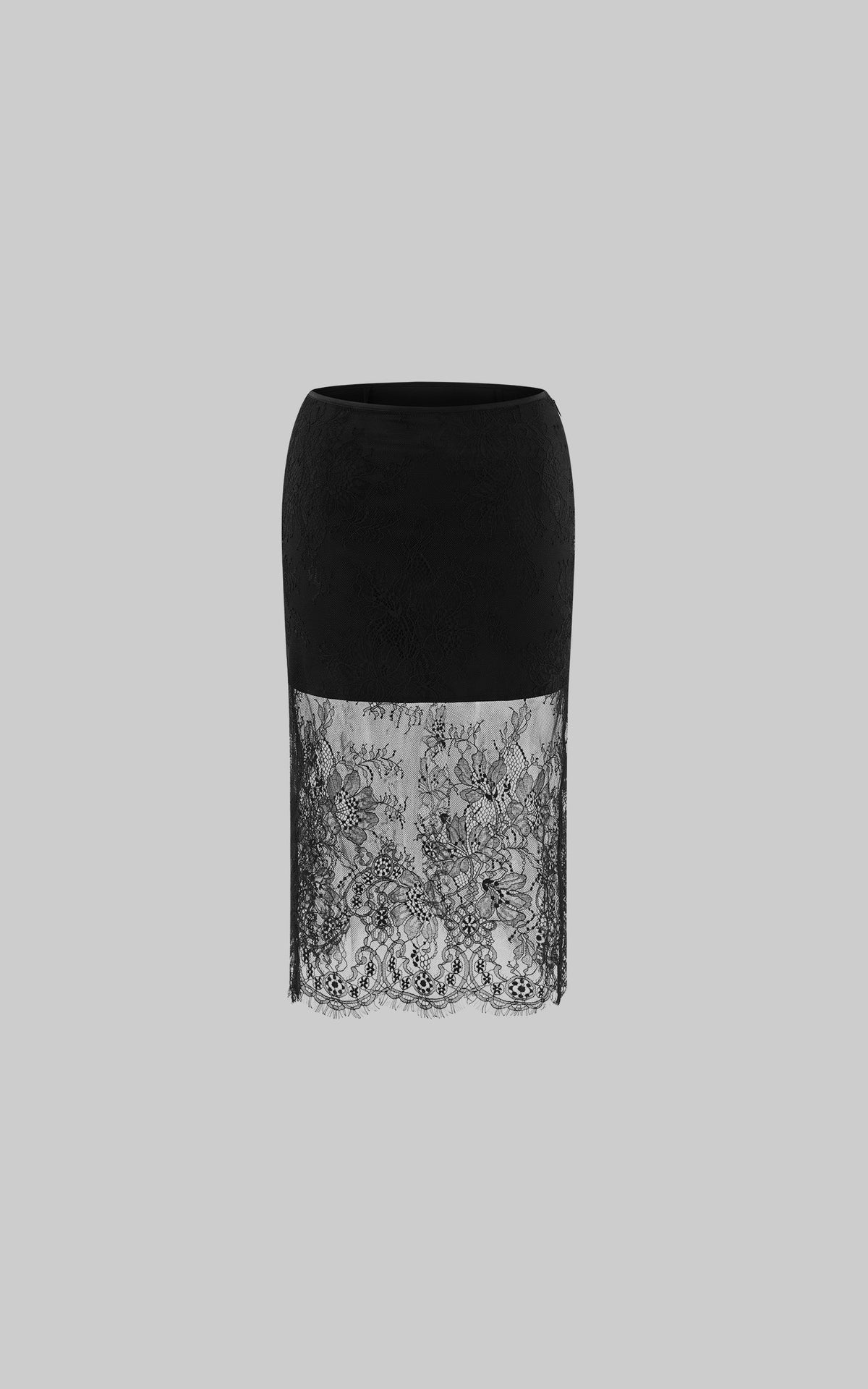 0122stepll Sheer Floral Lace Panel Low Rise Midi Skirt