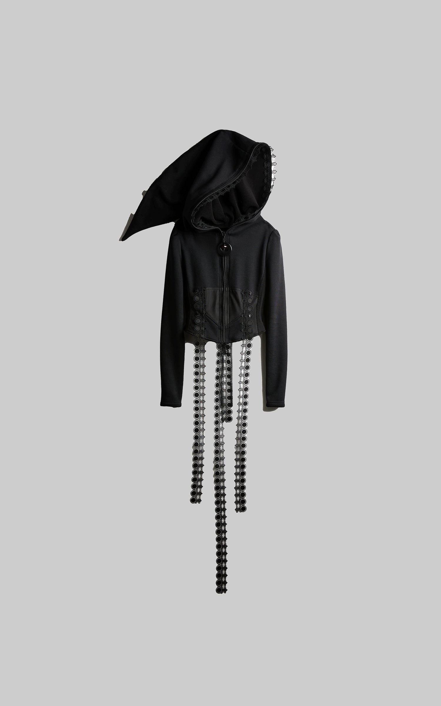 DOINDULGE Long-Hood Gothic Jacket with Lace Trim and Sculpted Corset Detail