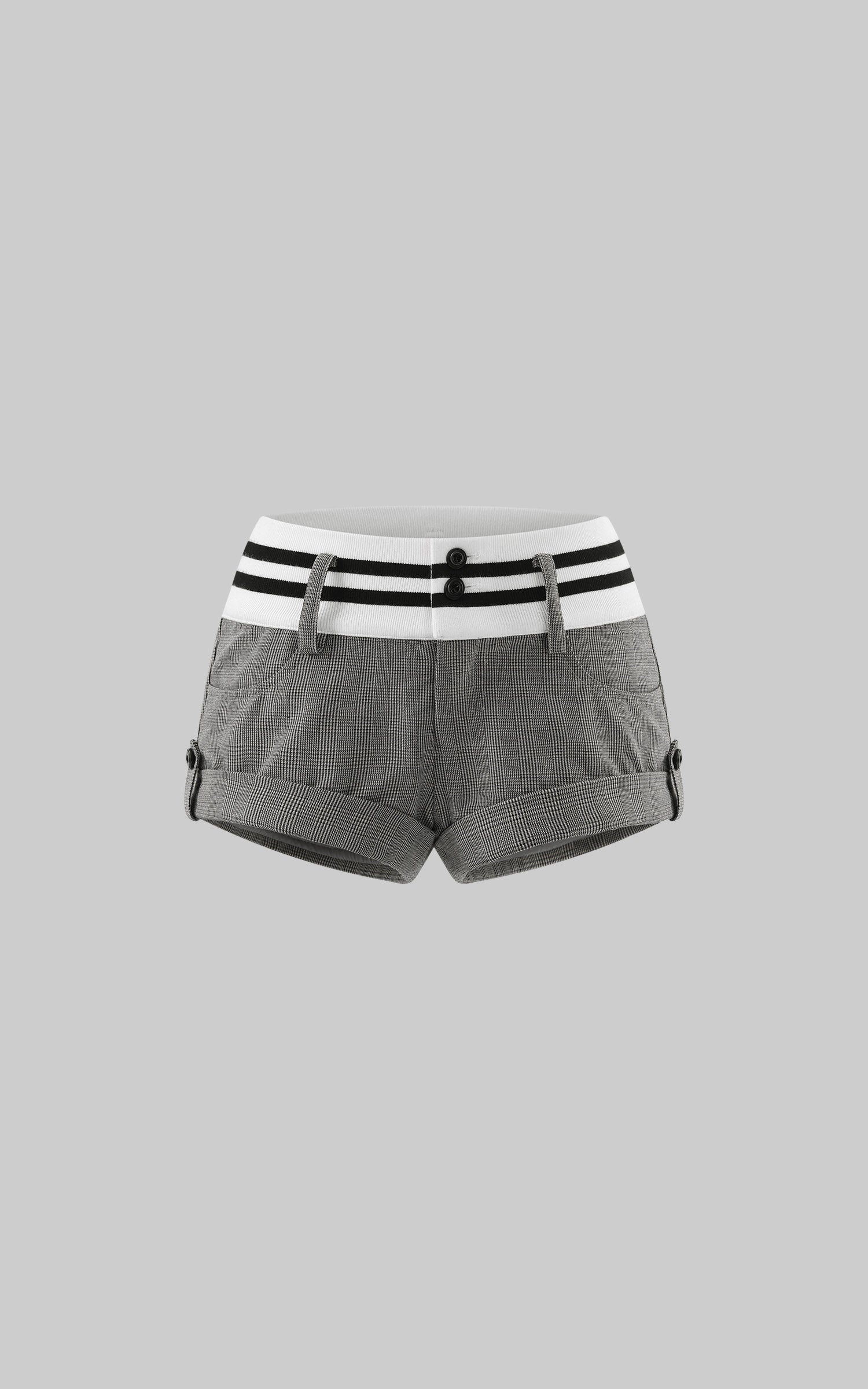 WARDEN EDGE Tailored Plaid Mini Shorts with Contrast Knit Waistband and Utility Detail