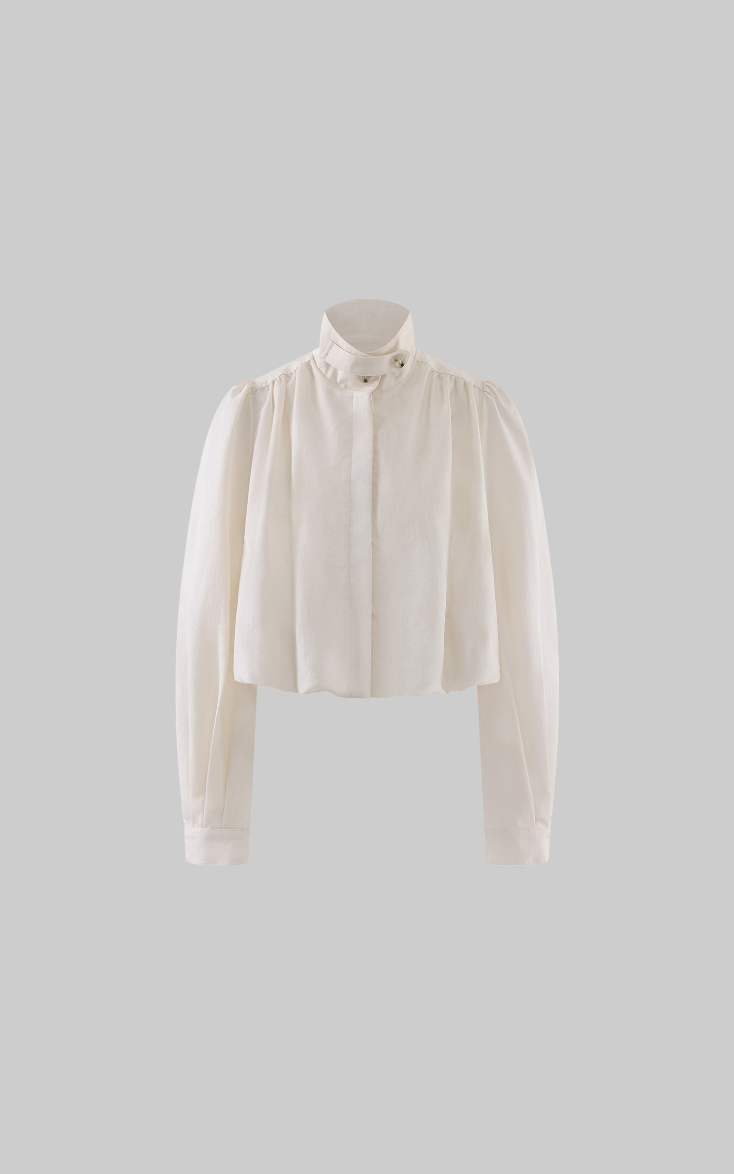 Hydrae Gathered High-Neck Cropped Shirt with Convertible Collar and Sculpted Volume Sleeves