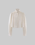 Hydrae Gathered High-Neck Cropped Shirt with Convertible Collar and Sculpted Volume Sleeves
