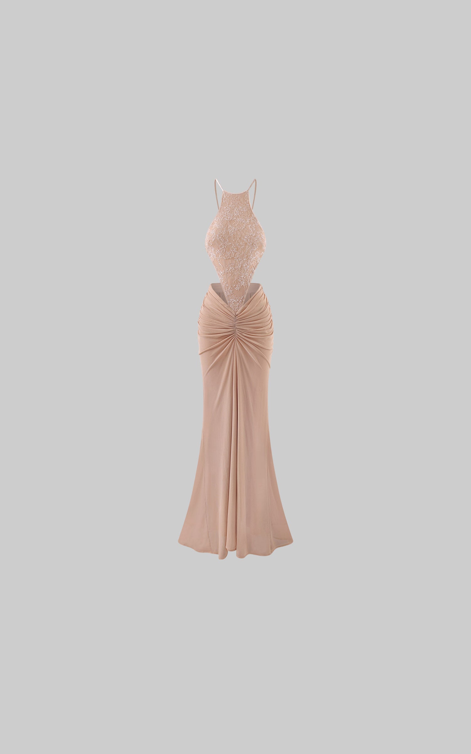 ROVENTE Embellished Lace Open Back Ruched Mesh Maxi Dress