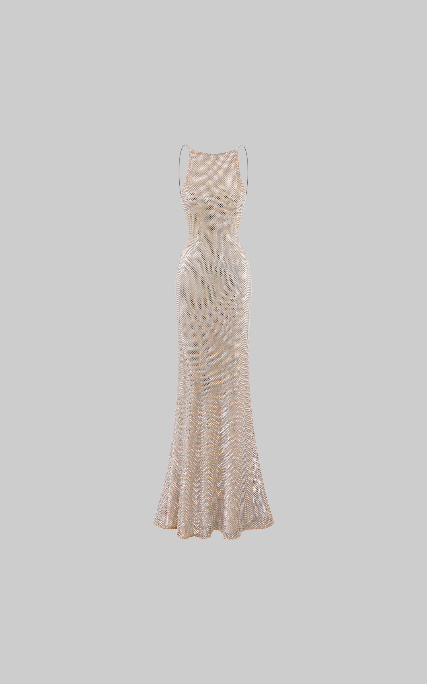 ROVENTE Rhinestone Mesh Halter Maxi Dress