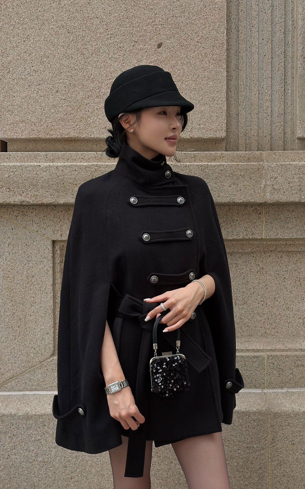 Hydrae Military Inspired Wool Cape Coat With Double Breasted Button Detailing