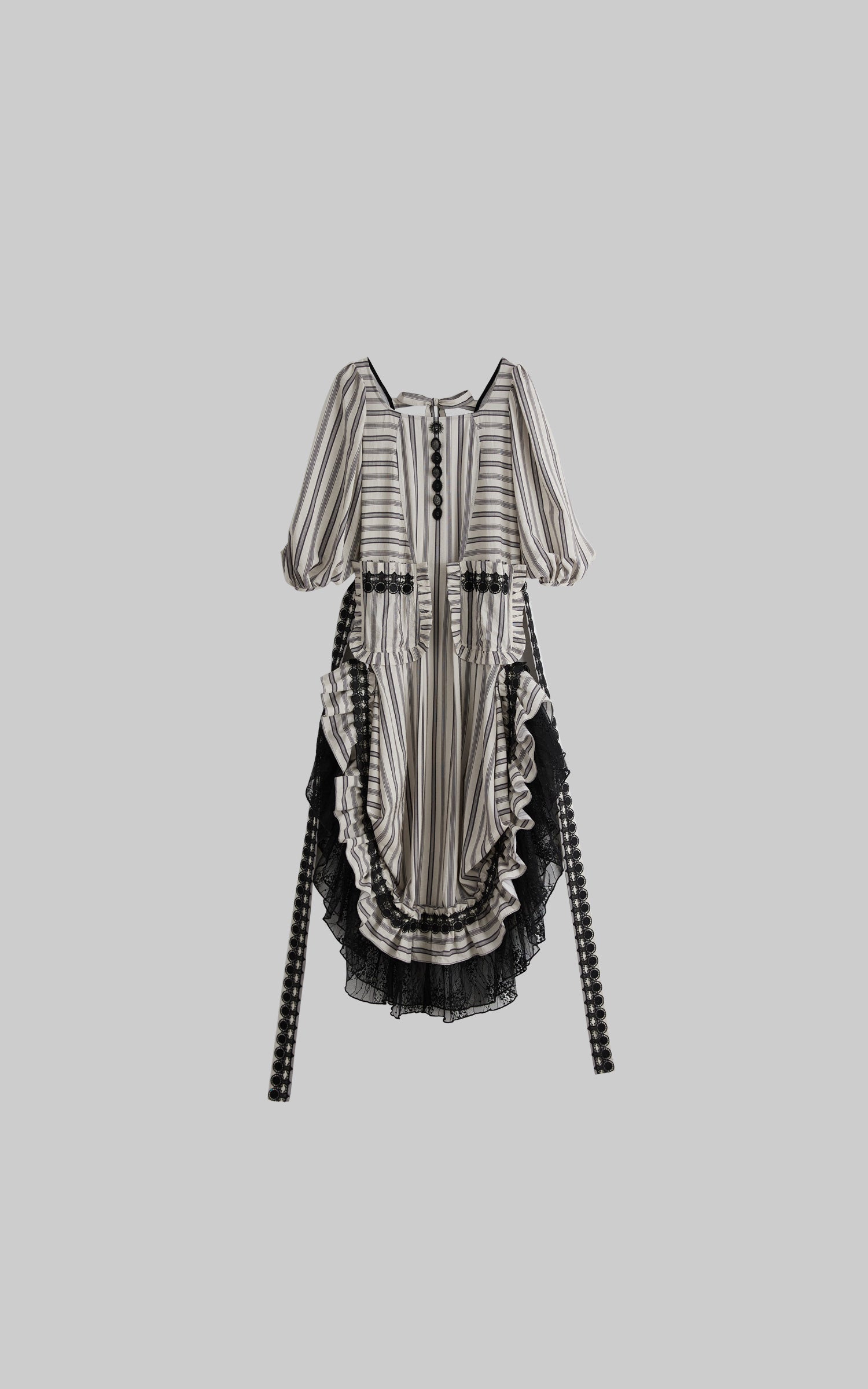 DOINDULGE Striped Square-Neck Fitted Waist Dress with Lace Trim