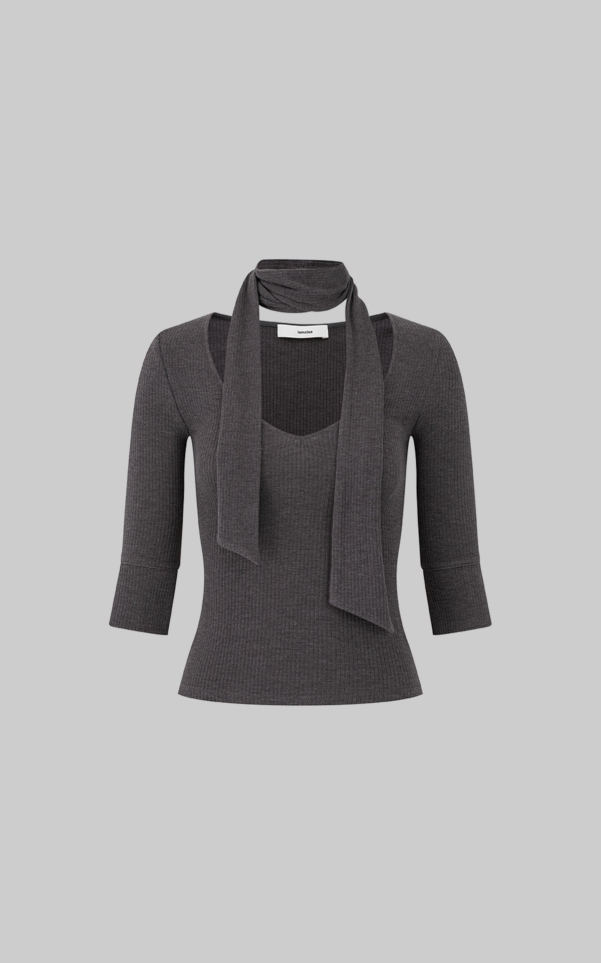 IAMXIAA Scarf-Neck Ribbed Slim-Fit Top with Three-Quarter Sleeves