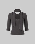 IAMXIAA Scarf-Neck Ribbed Slim-Fit Top with Three-Quarter Sleeves
