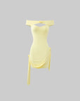 DreamyNerd Off-Shoulder Drape Mini Dress with Rosette Detail - PINKPARKS